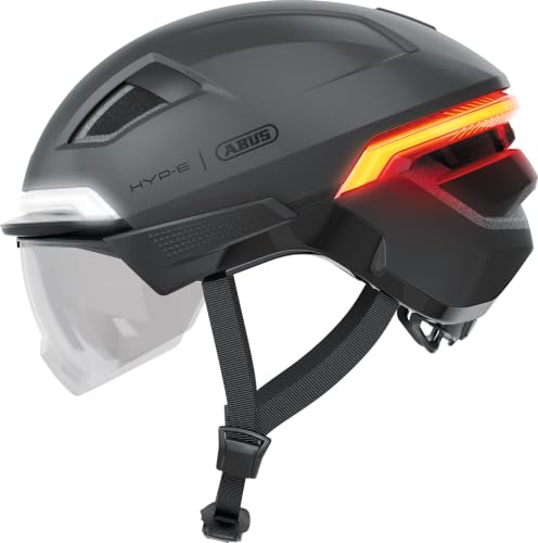 ABUS Fahrradhelm HYP-E BL.ACE - mit Front-, Rück- und Blinklicht sowie kabellos zu aktivierendem Bremslicht - mit Visier (klar) und Ohrenschützern - für Fahrrad