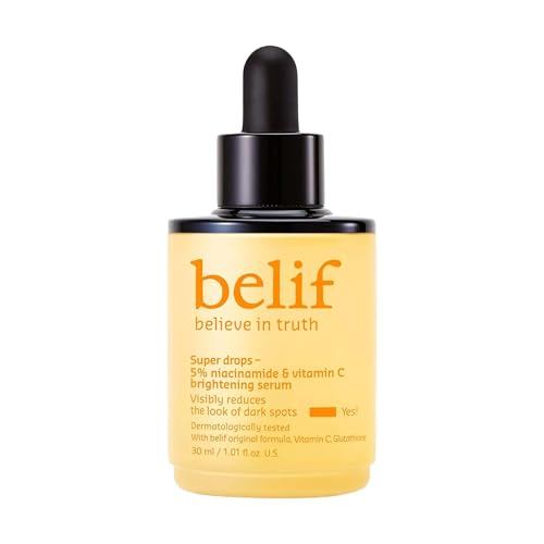 belif Niacinamide 5% & Vitamin C Super Drops Serum – Radiance-Boosting Serum for Uneven Skin Tone with AHA & Glutathione, Redness & Improve Post-Blemish Marks, Korean Skincare, 1.01 fl oz