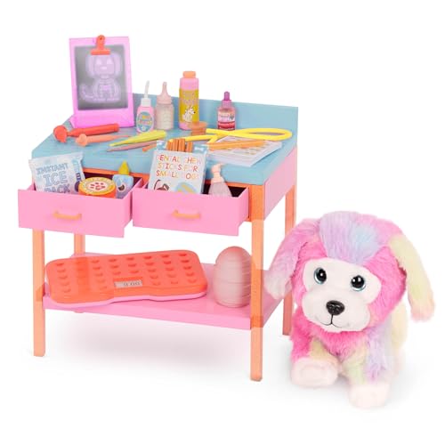 Glitter Girls – 14-Inch Doll Accessories – Kids Toy Vet Set – Plush Dog & Medical Toys – Doll Furniture – Posable Pet with Pink Fur 3+ Years – Sniffles & Vet Table Playset