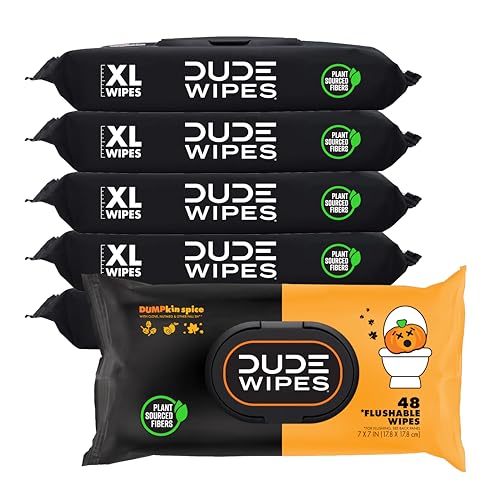 DUDE Wipes - Flushable Wipes - 6 Pack, 288 Count - DUMPkin Spice with Clove, Nutmeg, and Other Fall Pumpkin Spice Scents - Septic and Sewer Safe, Extra Large