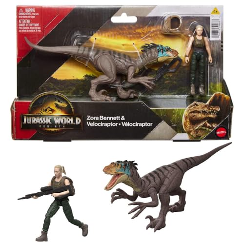 Mattel Jurassic World Rebirth Human & Dinosaur Figure Pack, Zora Bennett & Velociraptor, Movie-Accurate 3.75 Inch Scale, Posable Collectible