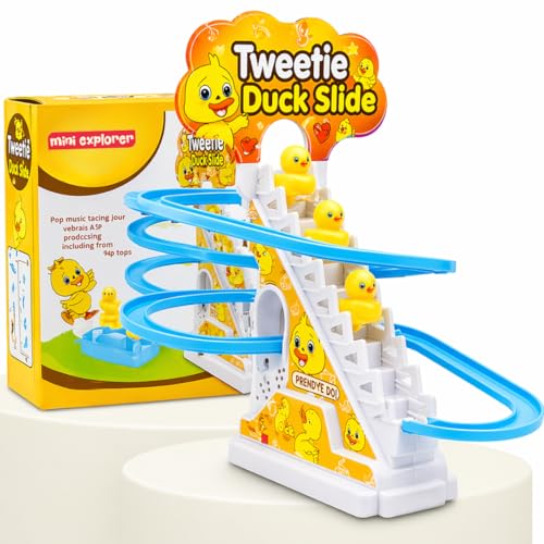 MiniExplorer Duck Track Toys for Kids – Stair-Climbing Escalator with Lights & Music, Includes 3 Small Ducks – Interactive Duck Track Slide Toy – Perf