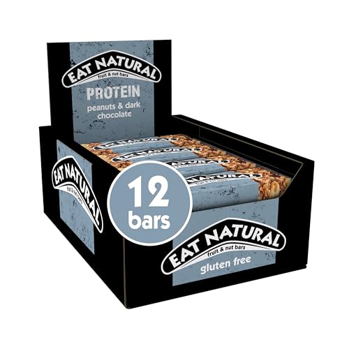 Eat Natural Protein Packed Bars - Peanuts & Dark Chocolate with Soya Crispies - Gluten Free, High Fibre Energy Snacks - Post Workout & Gym - Bulk Multipack 12 x 40g
