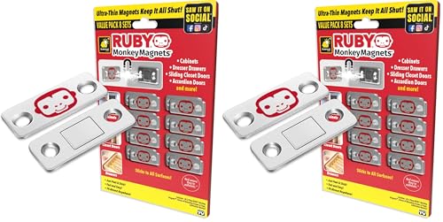 RUBY Monkey Magnets AS-SEEN-ON-TV, Ultra-Thin Magnetic Plates Keep It All Shut, Fast and Easy Installation, Just Peel & Stick, Slim Design Fits Virtually Anywhere, Cabinets, Drawers & More, 8 Sets