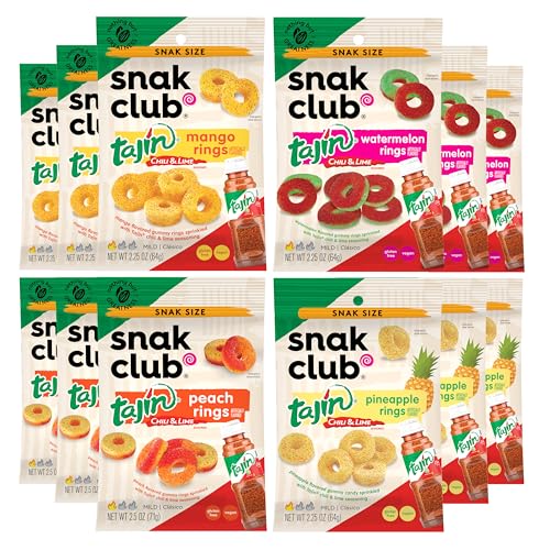 Snak Club Tajin Gummy Candy Fruit Rings, Gummies with Chili and Lime Seasoning, Mild Spice, Gluten-Free and Vegan Snacks, Assorted Variety, Mango, Pineapple, Peach, Watermelon, Snack Size 12 Pack