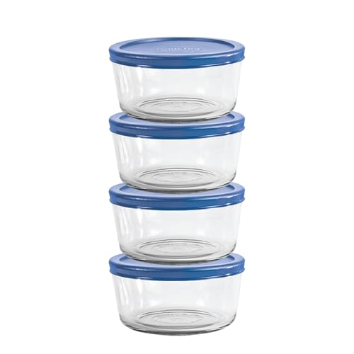 Anchor Hocking 2 Cup Glass Storage Containers with Lids, Set of 4 Glass Food Storage Containers with Blueberry SnugFit Lids
