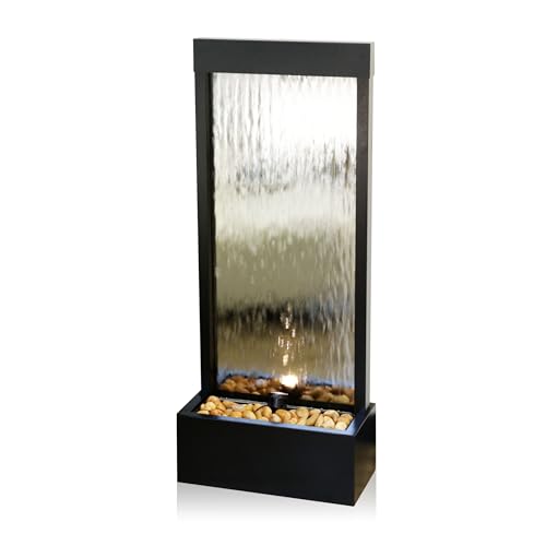 Alpine Corporation - Mirror Waterfall Fountain with Stones & Lights - Zen Indoor/Outdoor Decor for Office, Living Room, Patio, Entryway - 48 Inches (Silver)