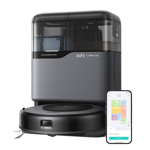 eufy Robot aspirador Omni C20, robot aspirador y trapeador, auto vaciado, lavado automático de fregona y secado automático para limpieza manos libres, potente succión de 7000 Pa, diseño de 3.35