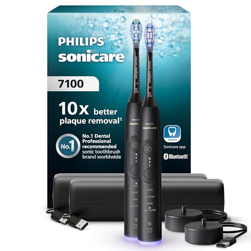 (-43%) Philips Sonicare 7100 elektrische Zahnbürste, Schallzahnbürste mit App, 4 Putzmodi, 3 Intensitätsstufen, Andruckkontrolle, EasyStart, SmarTimer, Schwarz, 2er-Pack, Modell HX7429/03 [Neue Technologie]