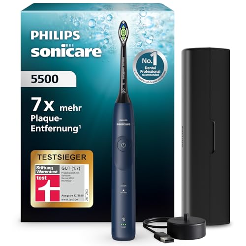 (-27%) Philips Sonicare 5500 elektrische Zahnbürste, Schallzahnbürste mit 2 Putzmodi, Andruckkontrolle, EasyStart, SmarTimer und BrushPacer, Navy, Modell HX7113/01 [Neue Technologie]