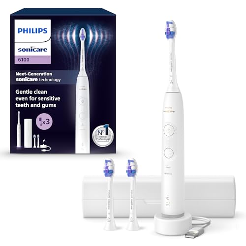 (-33%) Philips Sonicare 6100 elektrische Zahnbürste, Schallzahnbürste mit 2 Putzmodi, 3 Intensitätsstufen, Andruckkontrolle, EasyStart, SmarTimer, Reiseetui, Weiß, Modell HX7400/02 [Neue Technologie]