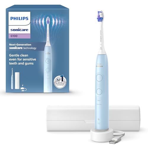 (-28%) Philips Sonicare 6100 elektrische Zahnbürste, Schallzahnbürste mit 2 Putzmodi, 3 Intensitätsstufen, Andruckkontrolle, EasyStart, SmarTimer, BrushPacer, Hellblau, Modell HX7406/02 [Neue Technologie]