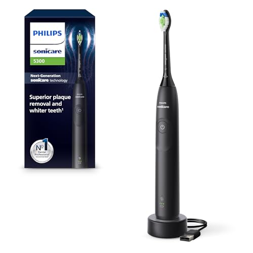 (-20%) Philips Sonicare 5300 elektrische Zahnbürste, Schallzahnbürste mit 2 Intensitätsstufen, Andruckkontrolle, EasyStart, Smartimer und BrushPacer, Schwarz, Modell HX7101/01 [Neue Technologie]