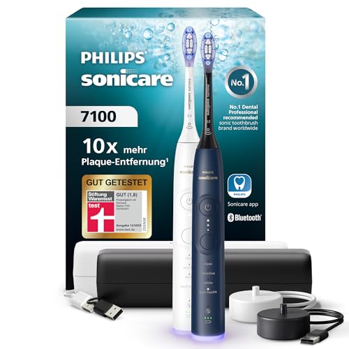 (-28%) Philips Sonicare 7100 elektrische Zahnbürste, Schallzahnbürste mit App, 4 Putzmodi und 3 Intensitätsstufen, Andruckkontrolle, EasyStart, Weiß und Marineblau, 2er Pack, HX7429/01 [Neue Technologie]