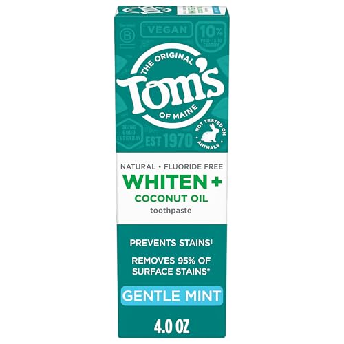 Tom's of Maine Whiten Plus Coconut Oil Fluoride Free Toothpaste, Natural Whitening Toothpaste with Coconut Oil and Plant-Based Cleansers, Whitens Without Causing Sensitivity, Gentle Mint, 4.0 Oz