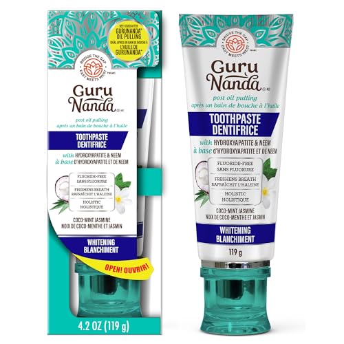 GuruNanda Hydroxyapatite Toothpaste, SLS & Fluoride Free, Whitening Toothpaste with Tongue Scraper & Squeezer - Freshens Breath, Fights Plaque - Natural CocoMint Jasmine Neem, 4.2oz