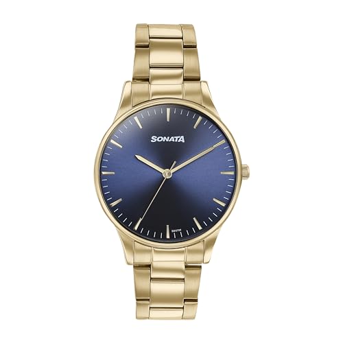 Quartz Analog Blue Dial Golden Stainless Steel Strap Watch for Men