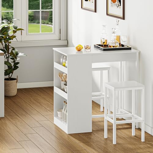 10,00€ Coupon! YITAHOME Bartisch mit Barhocker Set, Bartisch 3 Teilig, Esstisch mit 2 Hocker 3 Ablagen, Barhocker mit Metallrahmen, Essgruppe für 2 Personen, Frühstückstisch Möbelsets für Zuhause, Küche (Weiß)
