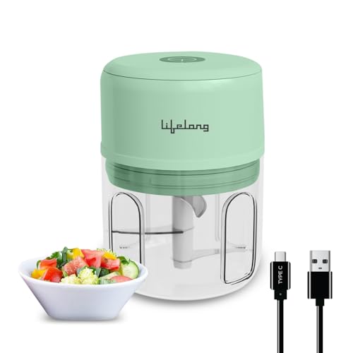 USB Rechargeable Wireless Electric Chopper for Kitchen 30 Watts with Stainless Steel Blades for Onion, Garlic, Vegetables, Nuts - 250 ml (Green)