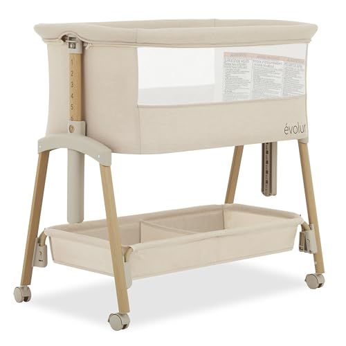 Evolur Lullaby Portable Bassinet with Wheels | Adjustable Bedside Sleeper, Breathable Mesh Sides, Large Storage Basket, Easy Fold, and Travel Bag Included | Perfect for Newborns & Infants