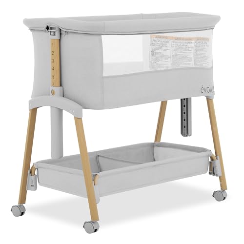 Evolur Lullaby Portable Bassinet with Wheels | Adjustable Bedside Sleeper, Breathable Mesh Sides, Large Storage Basket, Easy Fold, and Travel Bag Included | Perfect for Newborns & Infants