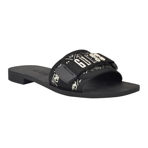 Guess Women's ELYZE Flat Sandal, Black/Gold 001, 8