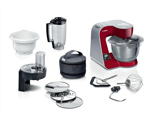 🔥 STARKER PREIS (-50%) Bosch Küchenmaschine Serie 4, integrierte Waage, Edelstahl-Schüssel 3,9 L, Mixer 1,25 L, Kunststoff-Schüssel, spülmaschinenfest, 3x Rührelemente, Durchlaufschnitzler, 1000 W, Dunkelrot, MUM5X734