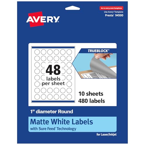 Avery TrueBlock Matte White Round Labels, Sure Feed Technology, 1" Diameter, 480 Matte White Labels, Print-to-The-Edge, Laser/Inkjet Printable, Great for Product Merchandising Stickers