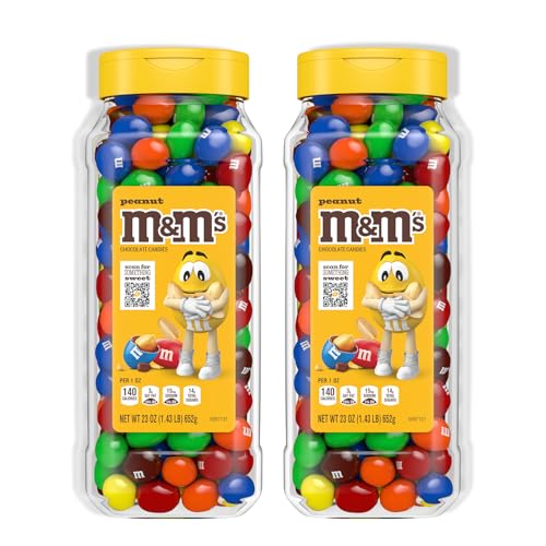 M&M’S Peanut Candy Jars, Assorted Chocolate Candies, Party Size Bulk, Movie Night Treats, Bulk Chocolate Candy, Buffet Chocolates, Resealable and Recyclable, 23 Oz Each, Pack of 2