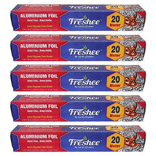 Freshee 20m Aluminium Silver Kitchen Foil Roll Paper Pack of 5|11 Micron Thick|Food wrap|Disposable Food Parcel|Fresh Food