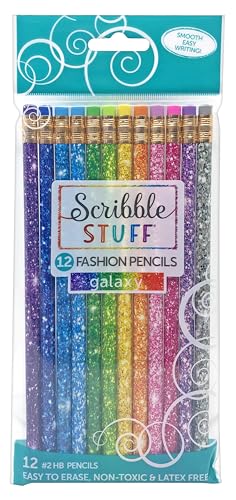 RoseArt Scribble Stuff Fashion Pencil Pack, Rainbow Glitter Galaxy Edition, Unsharpened, Back To School Pencils, 12 Count