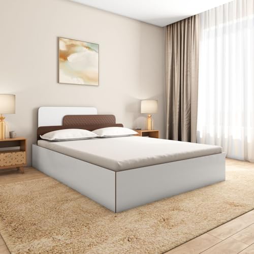 Bruce Wooden Queen Bed with Box Storage | Designer Headboard with Storage | Engineered Wood | 4 Big Compartments | Walnut & White