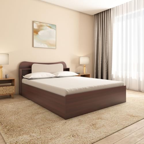 Nilkamal Daffodil Wooden Queen Bed with Box Storage | Designer Headboard with Storage | Engineered Wood | 1 Year Warranty | Walnut