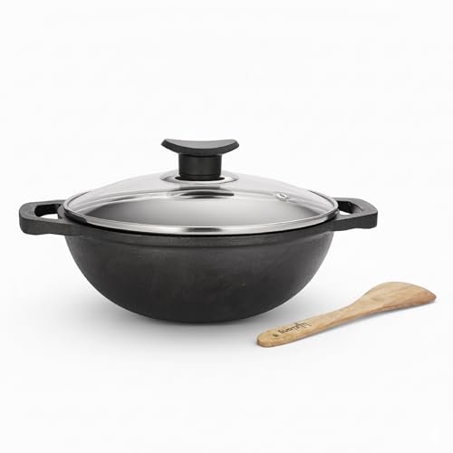Lifelong Cast Iron Kadhai 24cm with Glass Lid & Wooden Spatula | 3.3L, 2.4kg | Pre-Seasoned, Even Heat Distribution, Toxin & Teflon Free, Non-Stick, &