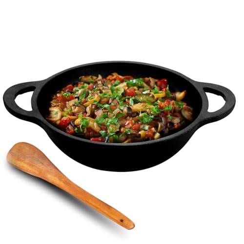 Lifelong Cast Iron Kadhai 24cm with Wooden Spatula | 3.3L, 2.4kg | Pre-Seasoned with Even Heat Distribution, Toxin & Teflon Free, Non-Stick, & Durable