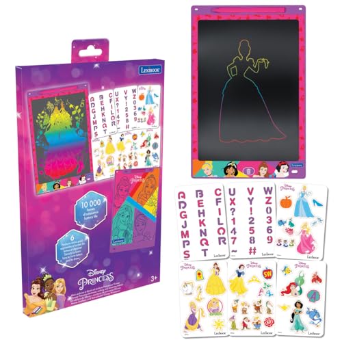 LEXIBOOK, Disney Princess, Magic Slate, Arts and crafts toy for girls and boys, Multicoloured drawings, 11" screen, 1 stylus and 6 stencils included, Pink, CRT10DP