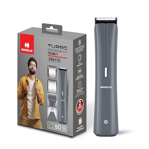 Havells Turbo 10 In 1 Grooming Kit | Hair Trimmer,Face, Ear & Nose |No Nicks & Cuts |LED Indicator| Upto 90 Min Quick Charge| 2 Year Guarantee| GS6110