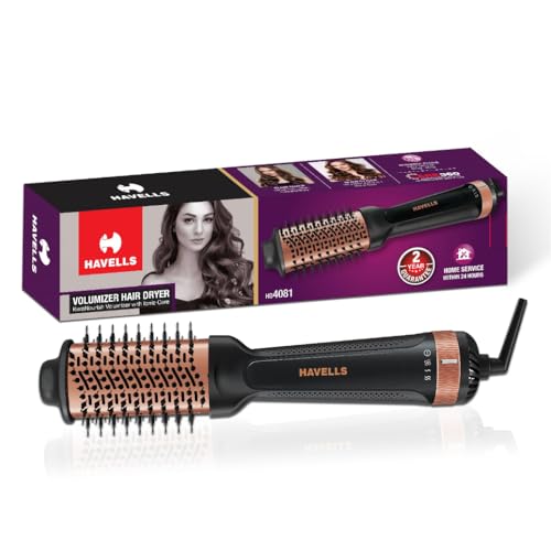 Havells HD4081 Professional Volumizer Hair Dryer, KeraNourish Ceramic Coating Brush Head, 1200 Watts, Ionic Care, Nylon Bristles,Cool Tip with Stand S