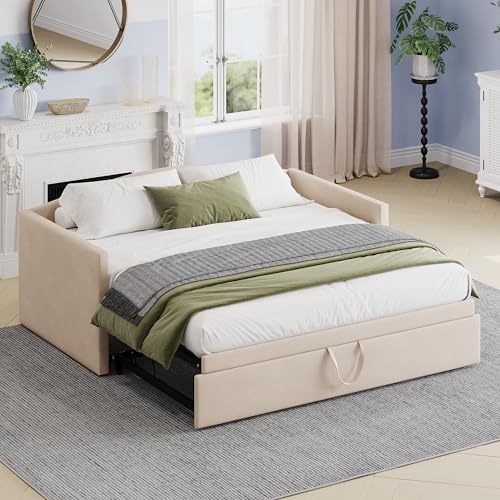 Merax Twin Size Velvet Daybed with Extended Pop Up Trundle, Upholstered Sofa Bed Daybed, Space-Saving Twin to King Design for Guest Room, Mattress not Included, Beige