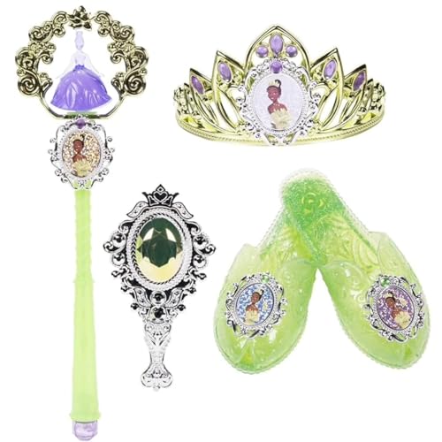 Disney Princess Dress Up Accessory Set Tiana Tiara, Shoes, Wand and Comb Set for Little Girls Role Play Time Costume Toys for 3-6 Years