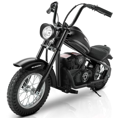 ELEMARA Electric Dirt Bike, 15 mph & 150lb Max, 24V Ride on Toy for Big Kids w/LED Lights & Power Display, Chain-Driven Motor, Twist-Grip Throttle, Shock Springs, Handbrake, 12" Air-Filled Tires-Black
