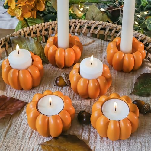 Kate Aspen 2-in-1 Pumpkin Candle Holder Set - Orange Fall Taper, Tealight & Votive Candle Holders - Pumpkin Table Centerpiece, Fall Candle Decor, Halloween Candlestick Holder (Set of 6)