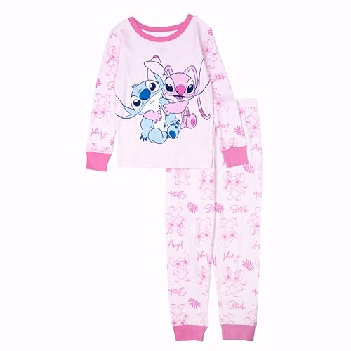 Disney girls 2-piece Snug-fit Cotton Holiday Pajama Set, Soft & Cute for Kids, STITCH AND ANGEL, 8