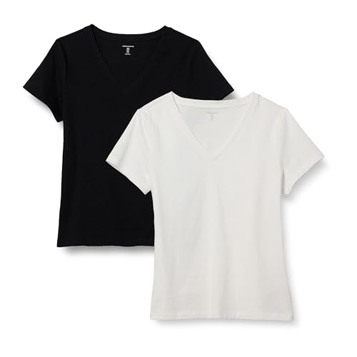 Amazon Essentials Women's Regular Fit 100% Cotton V-Neck Short Sleeve T-Shirt, Pack of 2, Black/White, Medium