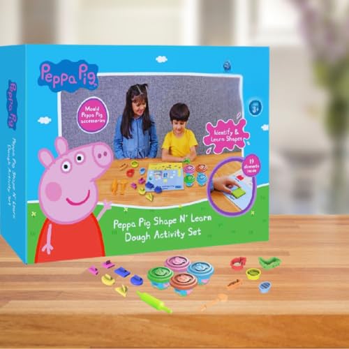 Peppa Pig Dough Shape & Learn Activity Set With Moulding Lid & 4Tubs 50gm Each|Roleplay Set With 6Shape Cutters & 1Template|Water based Soft Dough|Non