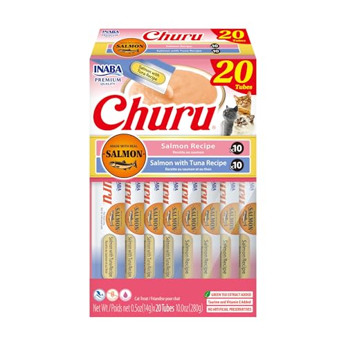 INABA Salmon Churu Cat Treats, Lickable, Squeezable Creamy Purée Cat Treat with Green Tea Extract & Taurine, 0.5 Ounces Each Tube, 20 Tubes, Salmon & Tuna Variety Box