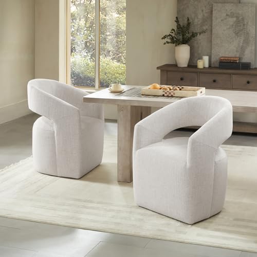 KISLOT Upholstered Dining Chairs with Casters No Assembly Modern Barrel Armchair with Rollers for Diningroom Bedroom Livingroom Reading Room,Set of 2,White