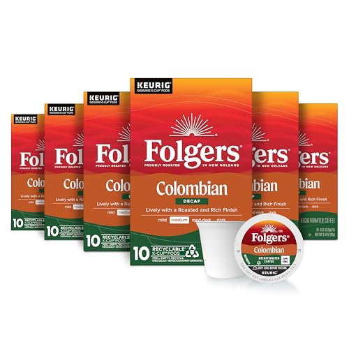 Folgers Colombian Decaf Coffee, Medium Roast, Keurig K-Cup pods, 10 Count Box (Pack of 6)