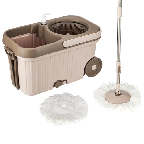 Amazon Brand – Presto! Elite Spin Mop with Bigger Wheels and Auto- Fold Handle, Chestnut, 2 Refills, Stainless Steel, Microfiber,Chestnut