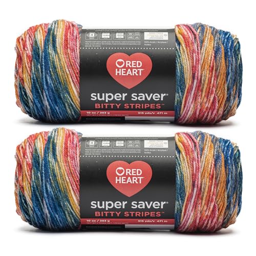 Red Heart Super Saver Bitty Stripes Sunset Beach Yarn - 2 Pack of 10oz/283g - 100% Acrylic - #4 Worsted (Medium) - 515 Yards - Knitting/Crochet